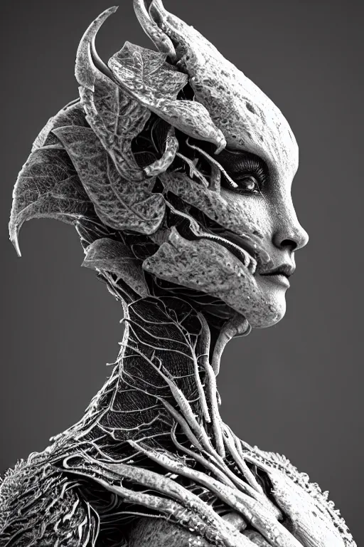 Image similar to bw close - up profile face, black background, beautiful young porcelain vegetal - dragon - cyborg - female, 1 5 0 mm, beautiful natural soft rim light, silver gold details, magnolia leaves and stems, roots, mandelbot fractal, elegant, ultra detailed, white metallic armour, octane render, h. r. giger style