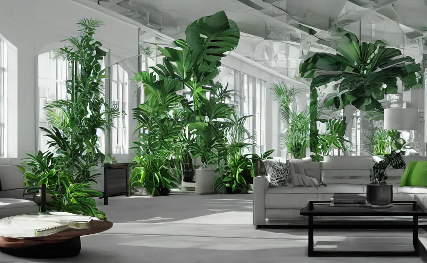 Image similar to empty room architecturaldigest interior, big widescren tv screen in the middle, tropical indoor plants, open shiny floor, v - ray render, high contras