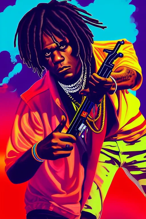 Image similar to chief keef with riffle, gta vice city style art, pop art, no duplicate image, glowing lights, ultra details, ultra realistic, digital painting, artstation, concept art, smooth, sharp focus, illustration, intecrate details, art by richard hamilton and mimmo rottela, pixels art by kirokaze and paul robertson