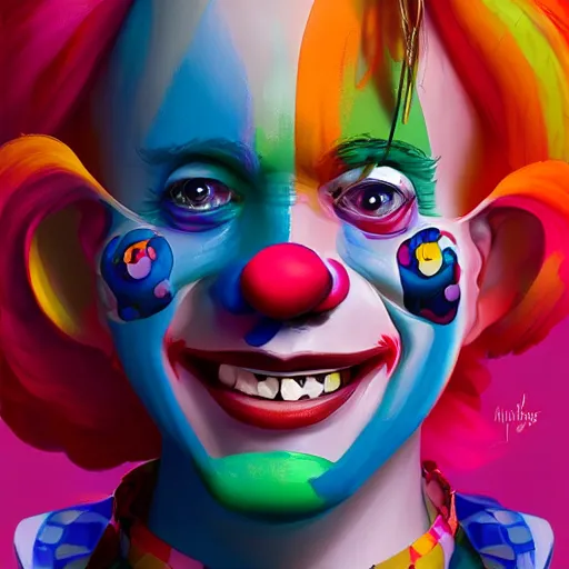 Image similar to Portrait of a colorful happy joyful clown, artstation, cgsociety, masterpiece