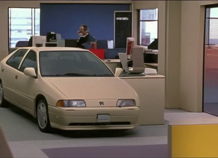 Image similar to 1992 DC2 Integra Type R driving though office interior. Car driving between cubicles inside office interior. Car driving inside building. The Office tv show 2005 scene still frame Scranton