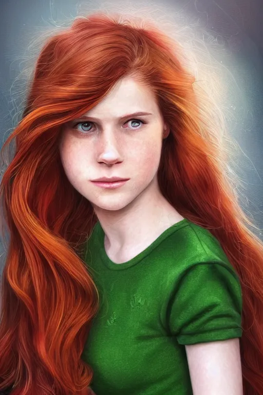 Prompt: ultra realistic style illustration of a beautiful cute red haired playful joyful teen girl in a green dress, long hair, face of young kate mara, sci - fi, intricate, elegant, digital painting, artstation, concept art, smooth, sharp focus, illustration, 8 k frostbite 3 engine, ultra detailed, art by artgerm and greg rutkowski and magali villeneuve