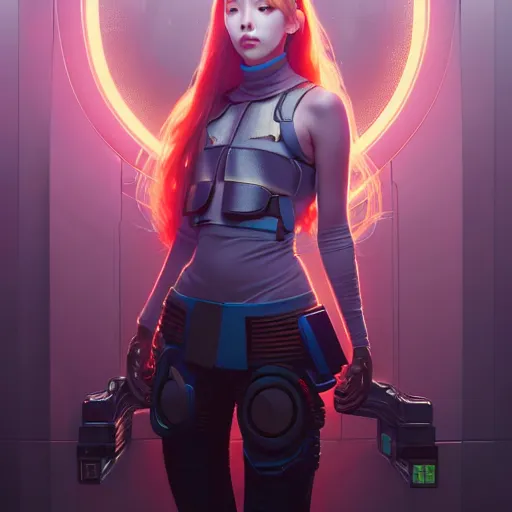 Image similar to portrait painting of cyberpunk chuu from loona as a cheerful smiling mercenary, ultra realistic, concept art, intricate details, eerie, highly detailed, photorealistic, octane render, 8 k, unreal engine. art by artgerm and greg rutkowski and magali villeneuve and alphonse mucha