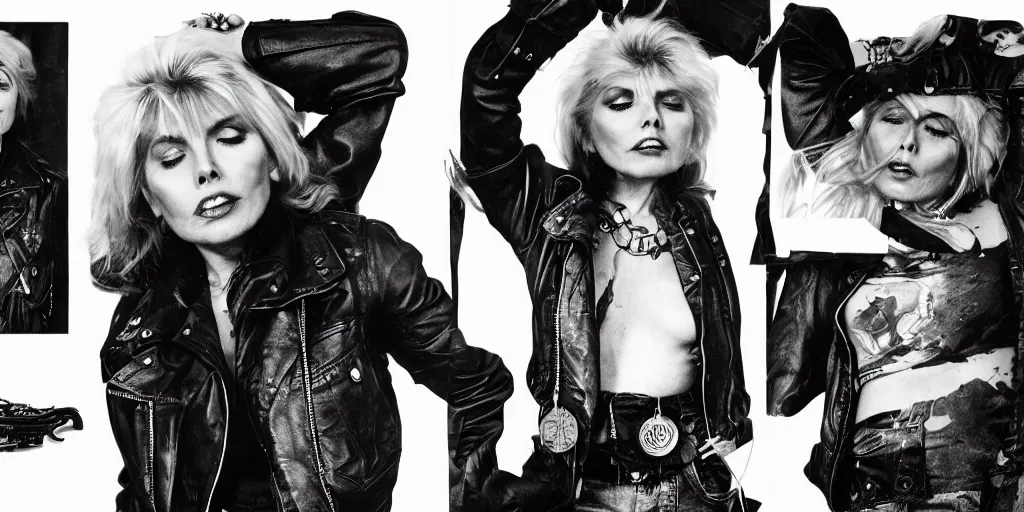 Image similar to young debbie harry as a wanderer with tattooed arms and legs wearing a scratched leather and ripped aviator leather jeans, wearing a short black jacket with rusty medals on it, character sheet, head details, props, concept design, contrast, kim jung gi, greg rutkowski, trending on artstation, 8 k, full body, turnaround, ultra wide angle, pincushion lens effect