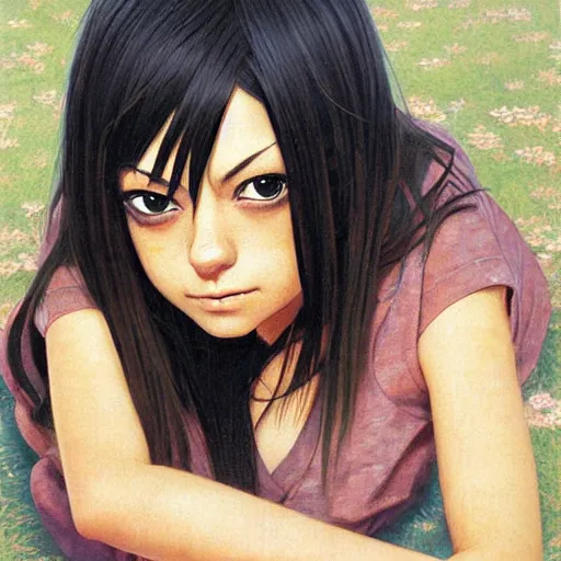 Prompt: anime mila kunis by by Hasui Kawase by Richard Schmid on canvas