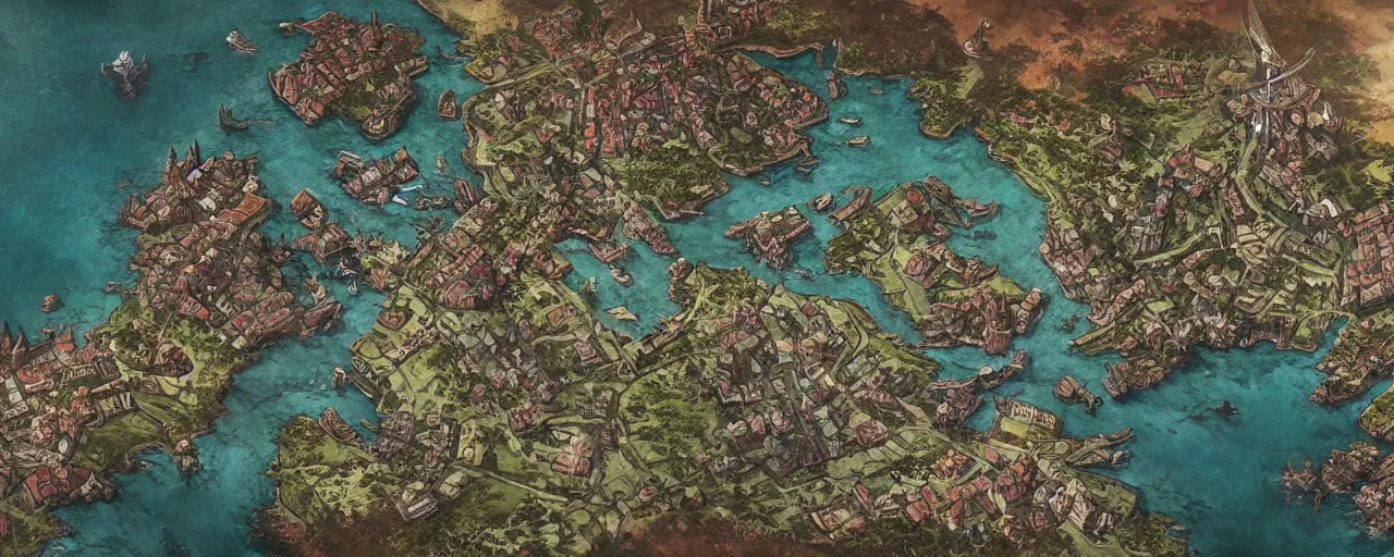 Prompt: close up of a map of velen. novigrad. city. witcher 3. detailed. art by moebius and thomas kinkade and greg rutkowski.