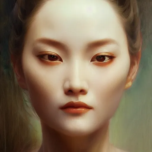 Image similar to yanjun cheng portrait of a beautiful vietnamese woman, intricate, detailed, symmetric face, by wlop and karol bak and bouguereau and santiago caruso