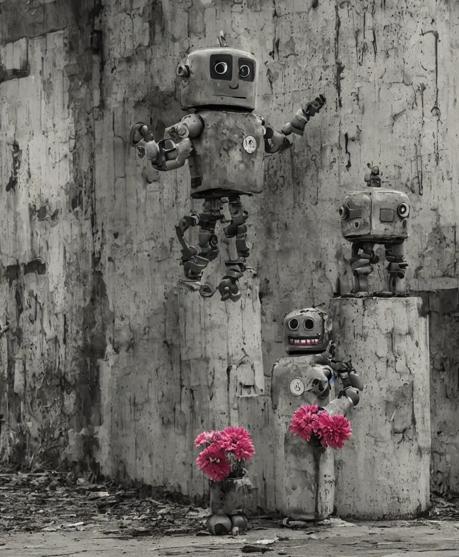 Prompt: a lonely robot holding a flower while sitting in a post-apocalyptic world surrounded by rundown buildings