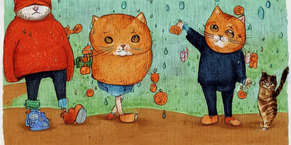 Image similar to a beard man and an orange tabby kitten standing in the rain by richard scarry