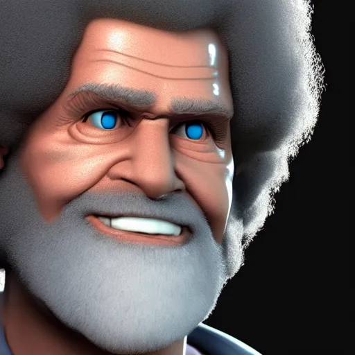 Image similar to bob ross cyborg. glowing eyes, cel shaded, rotoscope, concept art, octane render, unreal engine 5, highly detailed, high quality, 8 k, soft lighting, realistic face, path traced