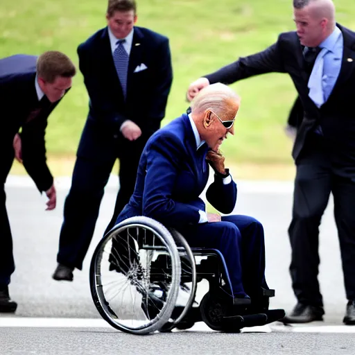 Image similar to joe biden falling off his wheelchair faceplanting on the ground, award winning photo