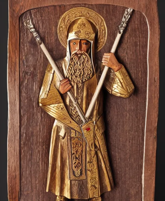 Image similar to orthodox wood carving of a paladin