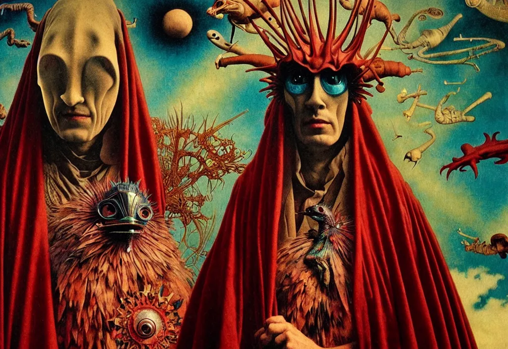 Image similar to realistic detailed portrait movie still of a birdman wearing dark robe, sci fi landscape background by denis villeneuve, amano, yves tanguy, alphonse mucha, max ernst, ernst haeckel, roger dean, masterpiece, rich moody colours, snarling dog teeth