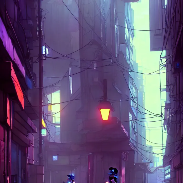 Image similar to city alleyway in the atmospheric cyberpunk anime film, gouache matte background painting, neon noir, at night with lights, by makoto shinkai, in the anime series ergo proxy, beautiful specular edge highlights and rim lighting