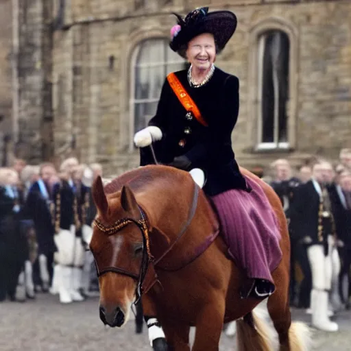 Prompt: queen elizabeth ii, riding a horse, at edinburgh