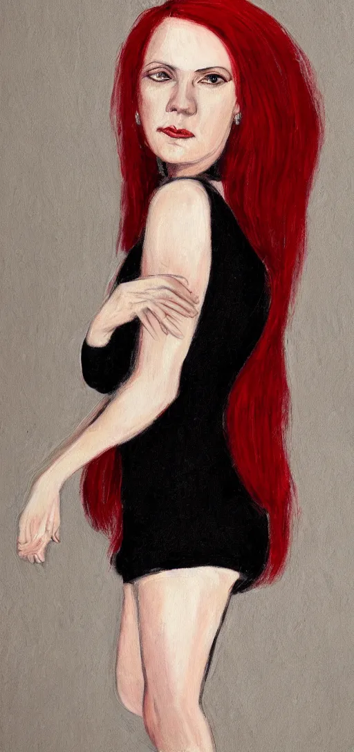 Prompt: Red-haired woman in a black dress, on a beige background, photorealism