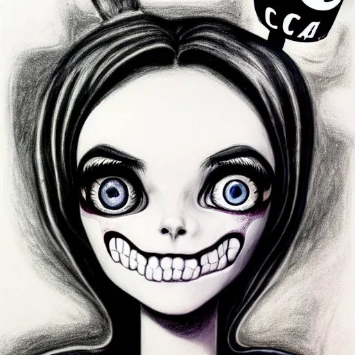 Prompt: charcoal drawing of the coke logo personified as a soda themed girl in the style of the lavender towne, large creepy eyes, extremely detailed and colorful eyes, digital art, deviant art, soda themed girl, hyper detailed eyes, money sign pupils, tim burton, scratchy lines, junji ito, gorrilaz, her forehead has the coke logo carved into it