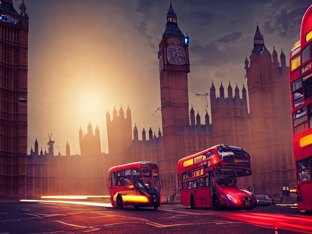 Prompt: an ancient beautiful cyborg with glowing eyes in the city of London, a cyborg with tentacles from it's head, part machine, westminster in background, london bus, colourful, dramatic lighting, golden hour, very detailed octane render very realistic beautiful