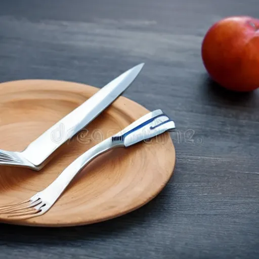 Prompt: a fork, a plate and a knife on a wooden table, top - down, stock photo