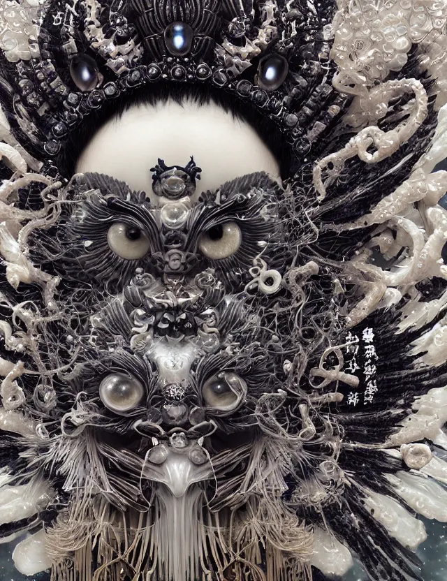 Image similar to goddess macro close - up portrait wigh crown made of ram skull. beautiful intricately detailed japanese crow kitsune mask and clasical japanese kimono. betta fish, jellyfish phoenix, bioluminiscent, plasma, ice, water, wind, creature, super intricate ornaments artwork by tooth wu and wlop and beeple and greg rutkowski