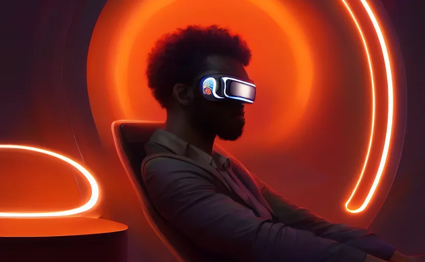 Image similar to handsome black genius hacking the metaverse, vr headset, holographic keyboard and curved digital holographic displays, luxury interior, electric orange glowing lights, highly detailed, digital painting, artstation, concept art, smooth, sharp focus, illustration, art by wlop, mars ravelo and greg rutkowski