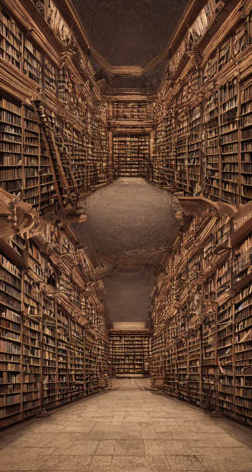 Prompt: ancient libraries containing the knowledge of the god's, books, shelves, intricate design, spiraling, high contrast scene, steps, ladders, dark knowledge, wisdom, secrets, ambient lighting, moody environment, feeling of mystery, hyper realistic, 8 k render, unreal engine 5 render