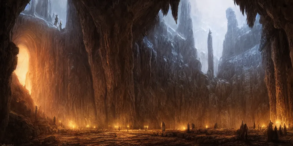 Prompt: Inside Isengard Caverns, evening, detailed matte painting, cinematic, Alan Lee, Artstation