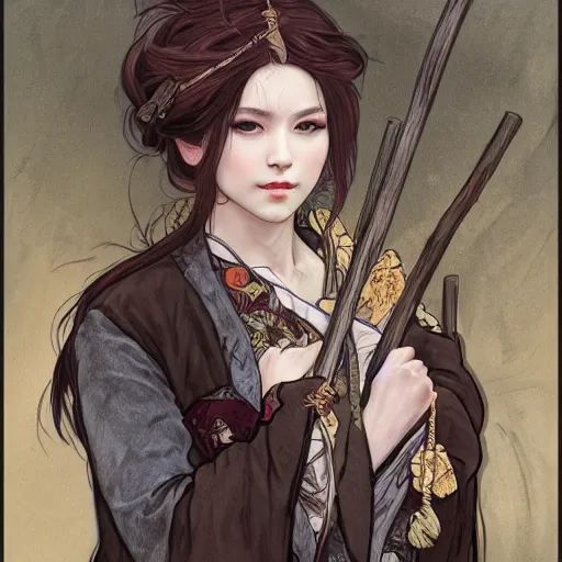 Prompt: detailed picture a woman with gray hear, using dead lion costume jacket, and holding long stick in the style of artgerm and greg rutkowski and alphonse mucha