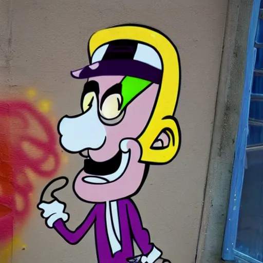 Image similar to waluigi crying, graffiti, photo