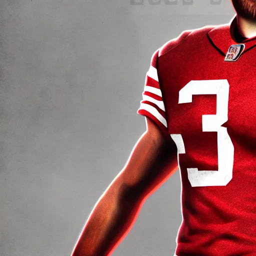 Image similar to Portrait of George Kittle wearing a San Francisco 49ers shirt, ultradetailed, studio lightning, trending on artstation, concept art