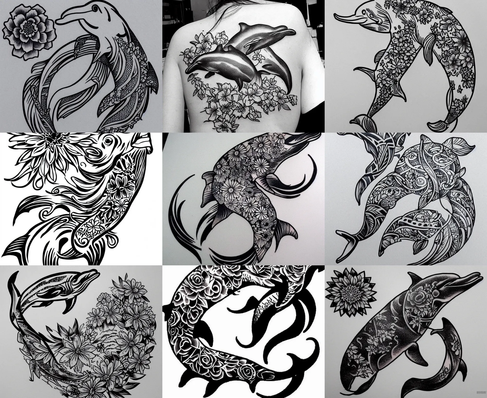 Image similar to detailed amazing tattoo stencil of a floral dolphin