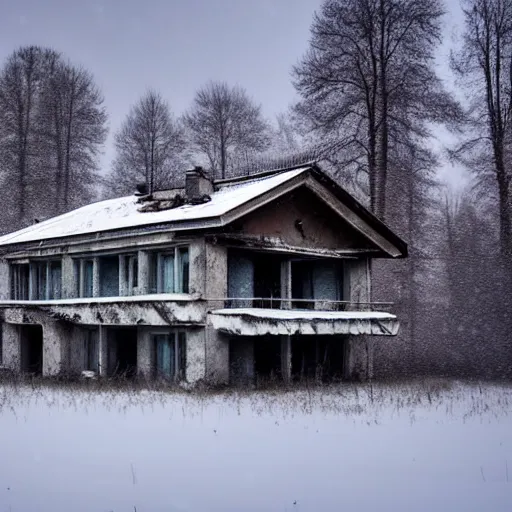 Image similar to landscape with brutalistic soviet architecture style abandoned lifeless house, near foggy forest, dark winter evening, snowing, strong, blizzard, atmospheric, mystical, very detailed 4 k, professional photography