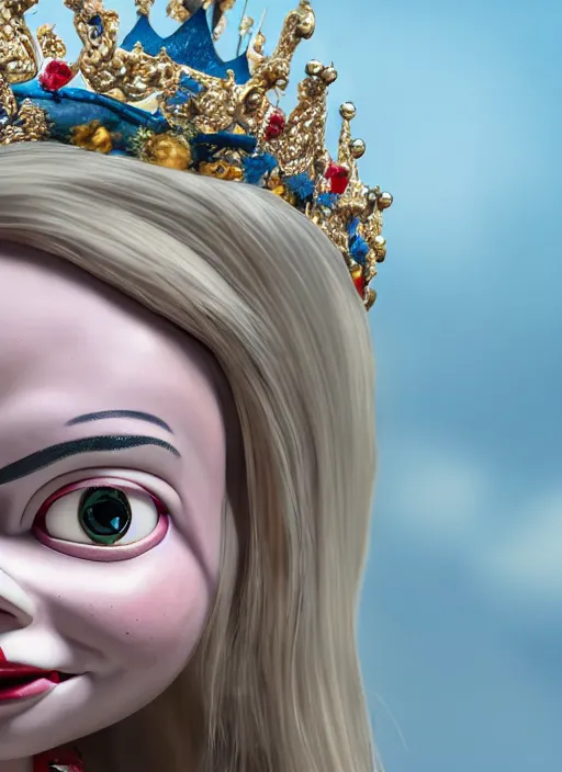 Image similar to closeup face profile portrait of a tin toy greta thunberg as the bride of chucky as a fairytale princess wearing a crown, bikini, depth of field, zeiss lens, detailed, fashion photoshoot, by nicoletta ceccoli, mark ryden, lostfish, breathtaking, 8 k resolution, extremely detailed, beautiful, establishing shot, artistic, hyperrealistic, octane render