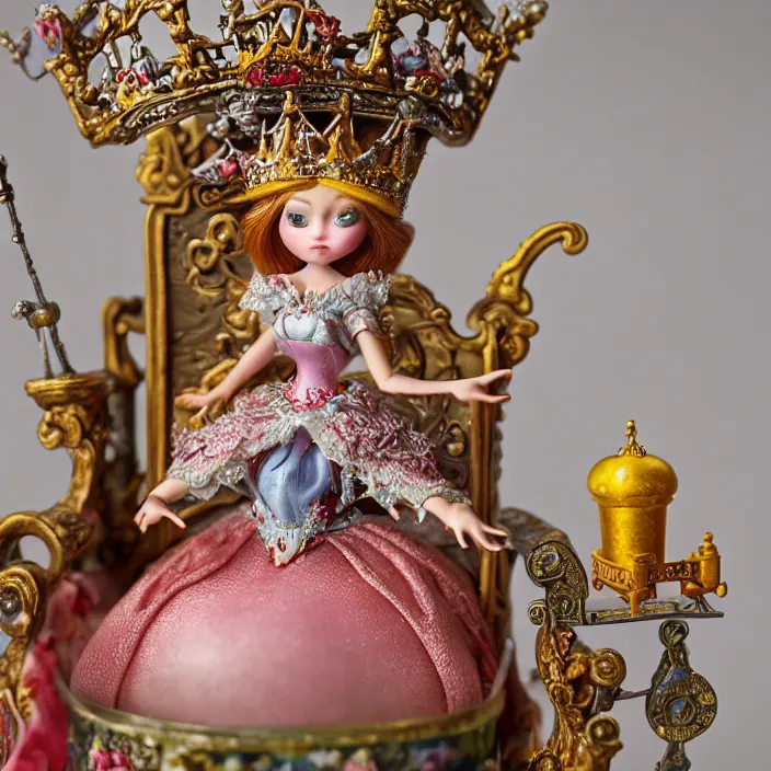 Image similar to highly detailed closeup, portrait of a tin toy fairytale princess sitting on a throne wearing a crown eating cakes, unreal engine, nicoletta ceccoli, mark ryden, earl norem, lostfish, global illumination, detailed and intricate environment