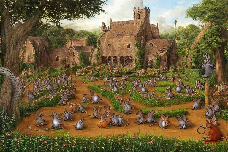 Prompt: an elaborate and dense painting of redwall abbey in mossflower wood with lots of medieval anthropomorphic mice and rabbits and otters, detailed by brian jacques and greg rutowski