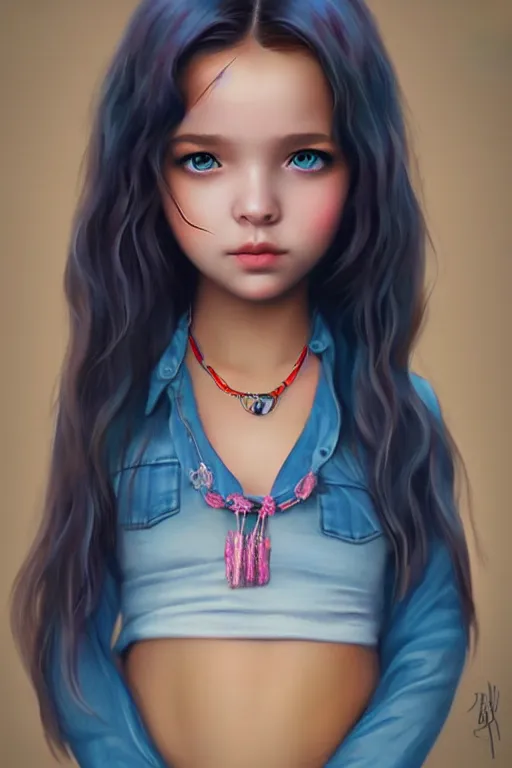 Prompt: matte sharp painting cute little girl hippy denim bellbottom bead necklace, painted by artgerm, artstation behance storybook l