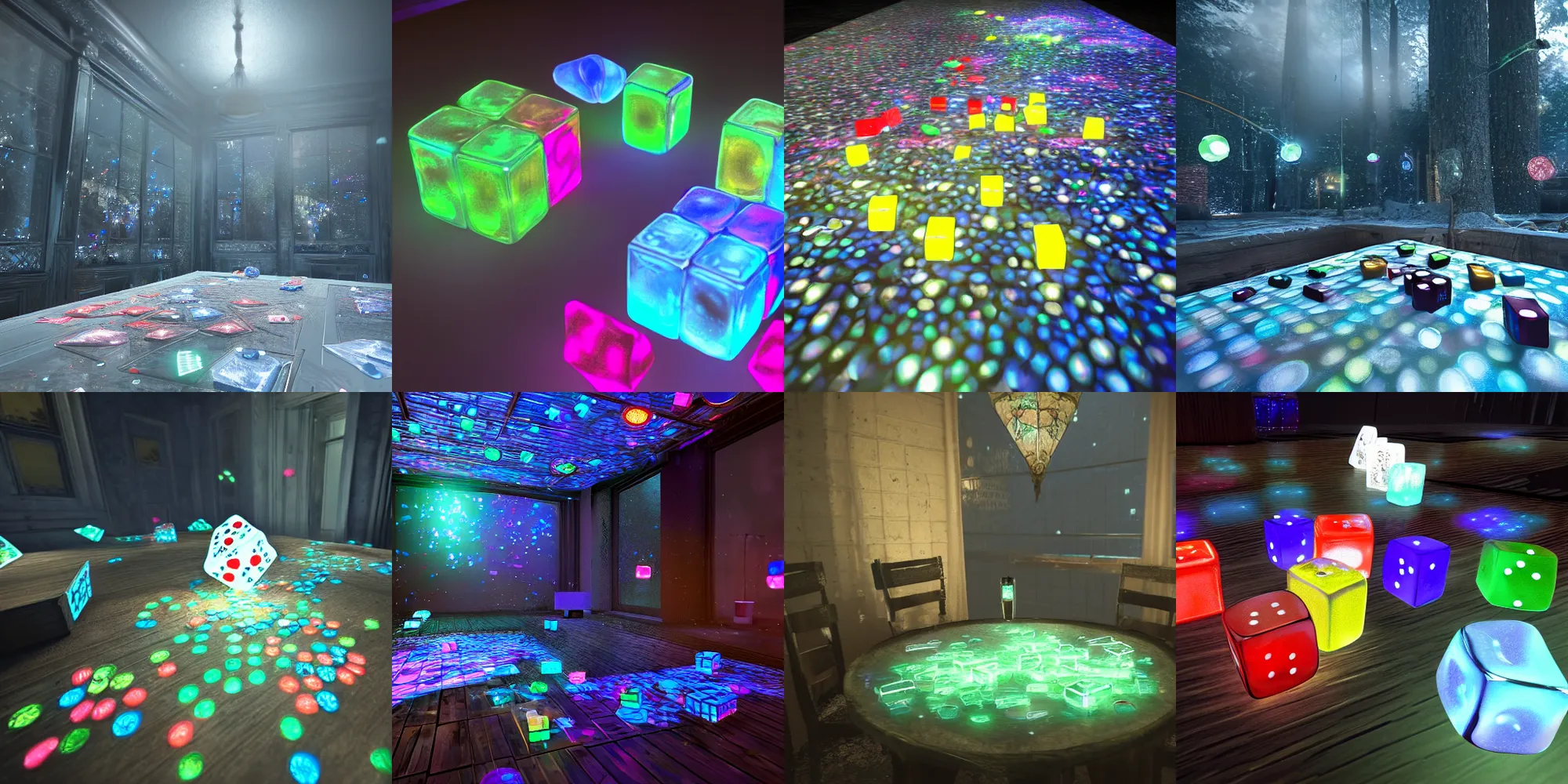 Prompt: dices from color glass bounces, cubes on table, night lights, art by clode monet, 8 k realistic, hyperdetailed, beautiful lighting, detailed background, frostbite 3 engine, cryengine, caustic