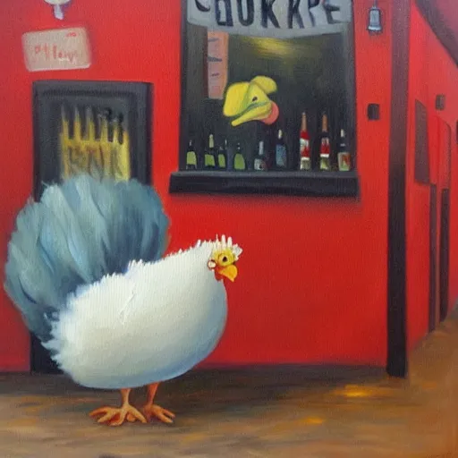 Prompt: the funky chicken gets thrown out of a bar. oil painting in the style of vermeers