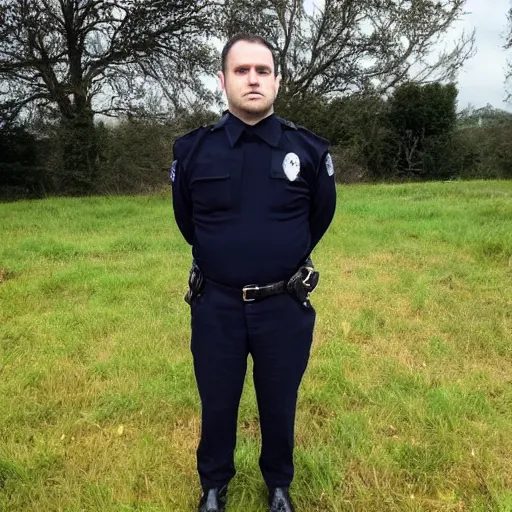 Image similar to clean - shaven chubby 3 4 year old caucasian man from uk wearing navy police sweater and necktie and black boots and police helmet. he is standing in a field.