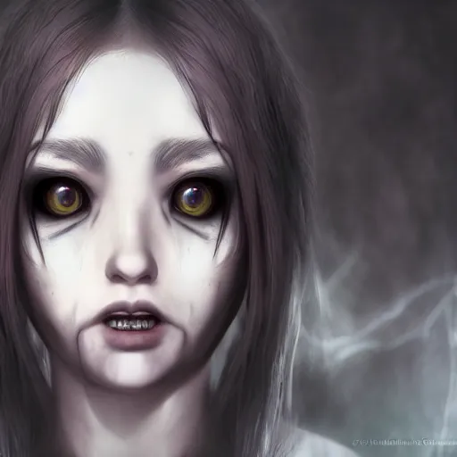 Prompt: photorealistic full shot portrait of angry darkness anime girl, worrying eyes, inspired by tim burton, detailed, unreal engine 4 k, volumetric light, fog