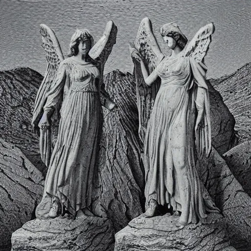 Image similar to weeping angel statues in the mohave desert, high detail, dramatic light, illustration by gustave dore