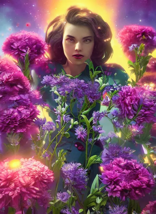 Image similar to An epic fantastic realism comic book style painting of the most beautiful flowers launched across the galaxy, bouquets, fisheye lens, unreal 5, DAZ, hyperrealistic, octane render, dynamic lighting