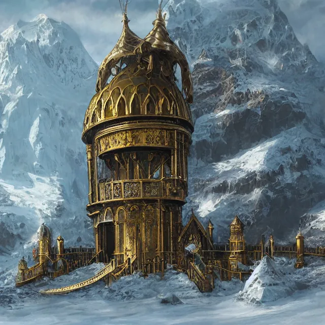 Prompt: the clockwork - like brass palace at the icefell mountains beautifully showcases elven architecture. oil painting by the award - winning concept artist
