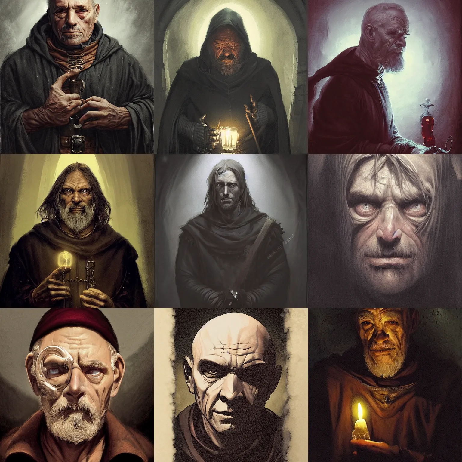 Prompt: portrait of an old, melancholic medieval alchemist in the dark, he is turned to the left side, and looking into the camera maliciously, maliciously!!!. chiaroscuro lighting, fantasy, detailed, photorealistic portrait by michael komarck, greg rutkowski, victo ngai, artgerm and j. dickenson