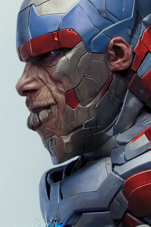 Image similar to Portrait of Willem Dafoe as Iron Patriot, marvel comics, dark, intricate, highly detailed, smooth, artstation, digital illustration by Ruan Jia and Mandy Jurgens and Artgerm and Wayne Barlowe and Greg Rutkowski and Zdislav Beksinski