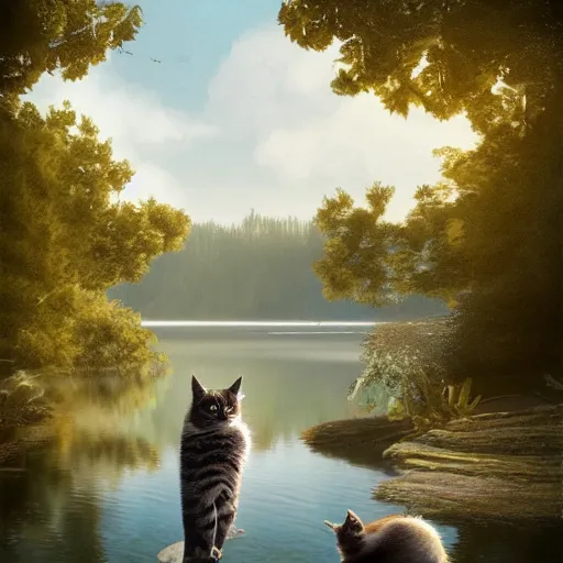 Prompt: shot of a cat standing on a lake, wide aperture, intricate, highly detailed, artstation, sharp focus, artgerm