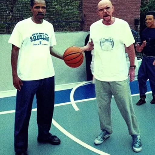 Prompt: walter white and obama playing basketball together