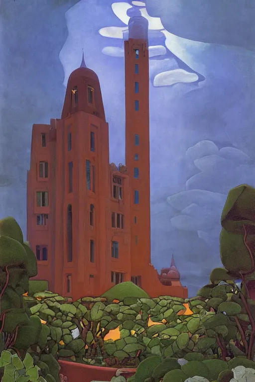 Image similar to view of the mysterious blue tower in its gardens after a storm, tall windows lit up, beautiful ornamental architecture, dramatic cinematic lighting, rich colors, by Nicholas Roerich and William Dyce and April Gornik and Sylvain Sarrailh and Ludwig Deutsch and Diego Rivera