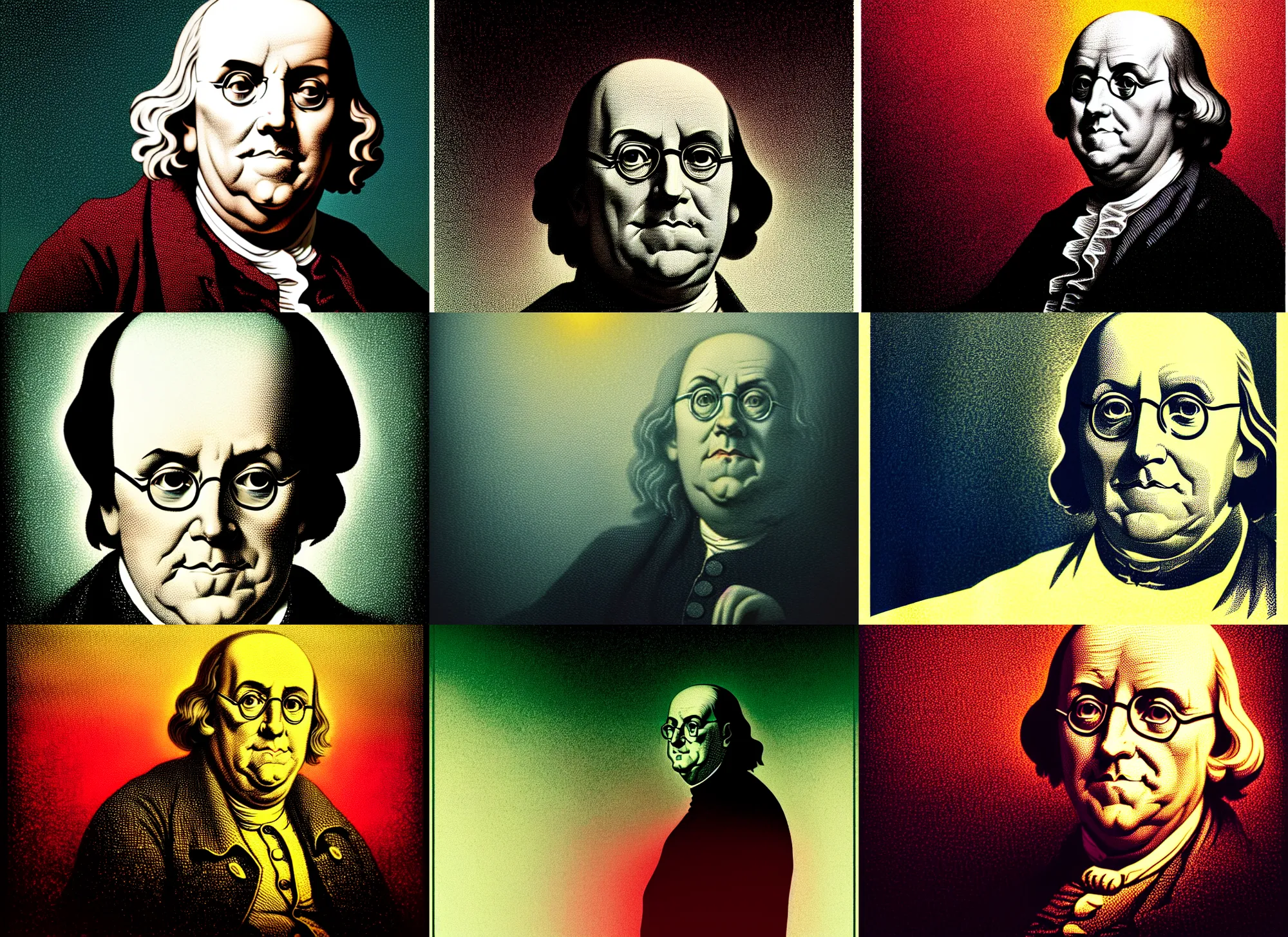 Prompt: illustrated portrait of benjamin franklin, colorful, mads berg, karolis strautniekas, christopher balaskas, stippled light, low fog, moody, fine texture, dramatic lighting, dynamic composition, detailed, matte print, muted color, ( ( victo ngai ) ), wide angle, ( ( sunbeams ) ), modern art deco