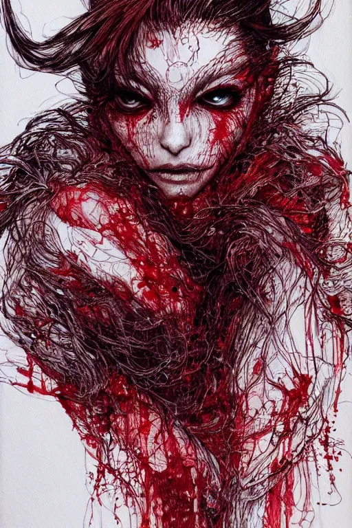 Image similar to portrait of a beautiful woman transforming into a terrible werewolf, torn red clothes, pen and ink, intricate line drawings, by Yoshitaka Amano, Ruan Jia, Kentaro Miura, Artgerm, watercolor